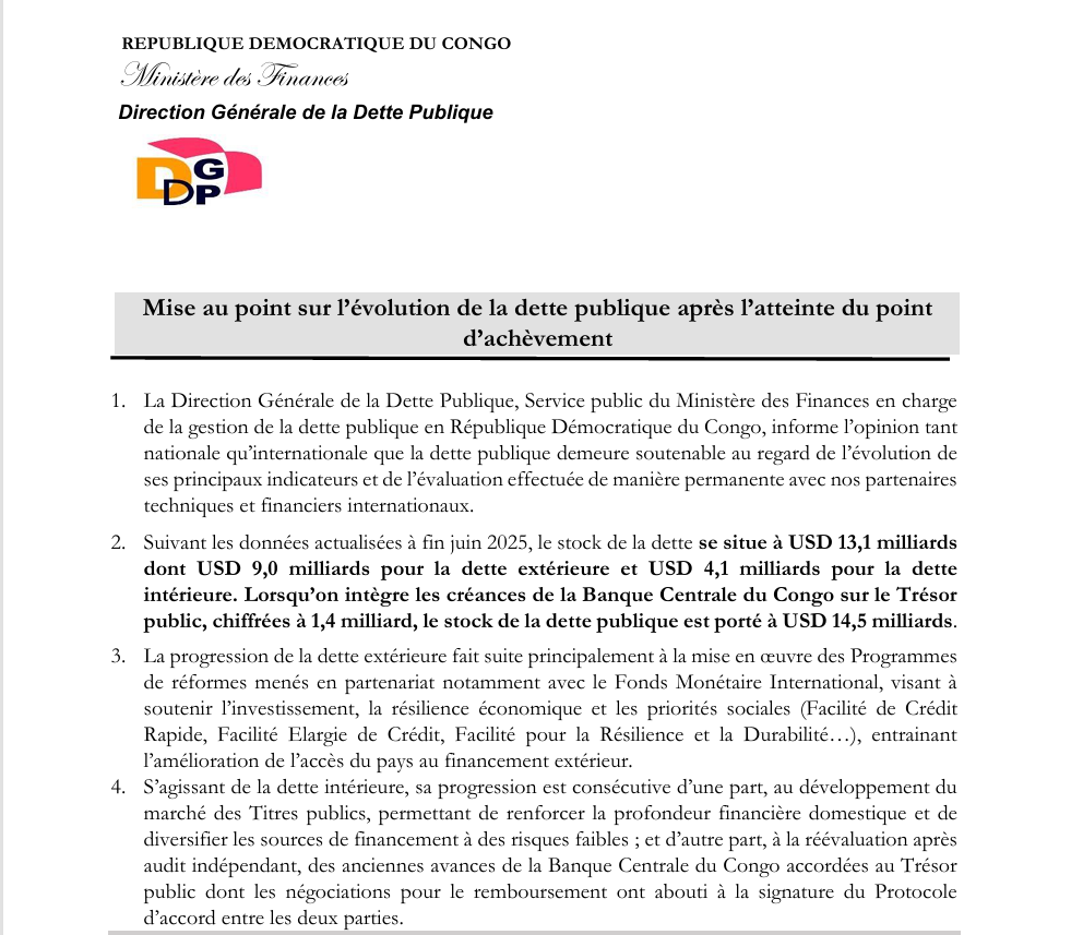 Mise au point de l'évolution de la Dette Publique après l'atteinte du point d'achèvement