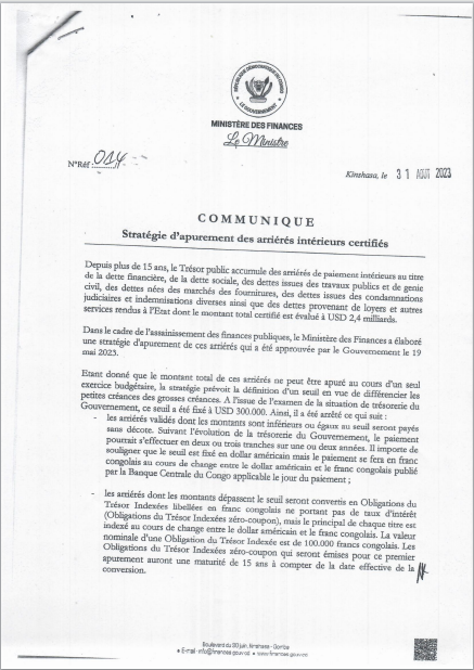 Communiqué sur la mise en œuvre de la stratégie d'apurement des arriérés intérieurs certifiés